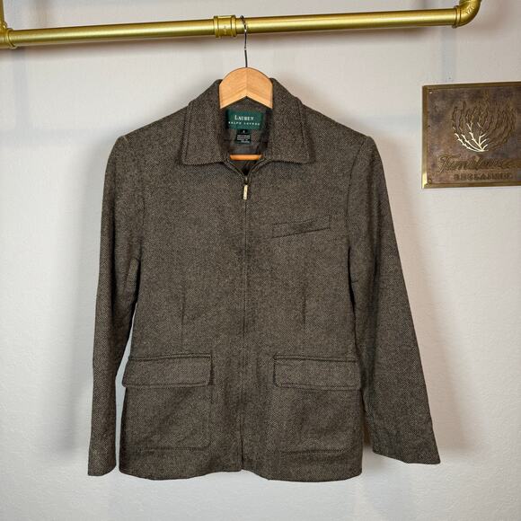 Women's Lauren Ralph Lauren Brown Herringbone 100% Wool Zip Front Jacket Sz 6 - Picture 10 of 13